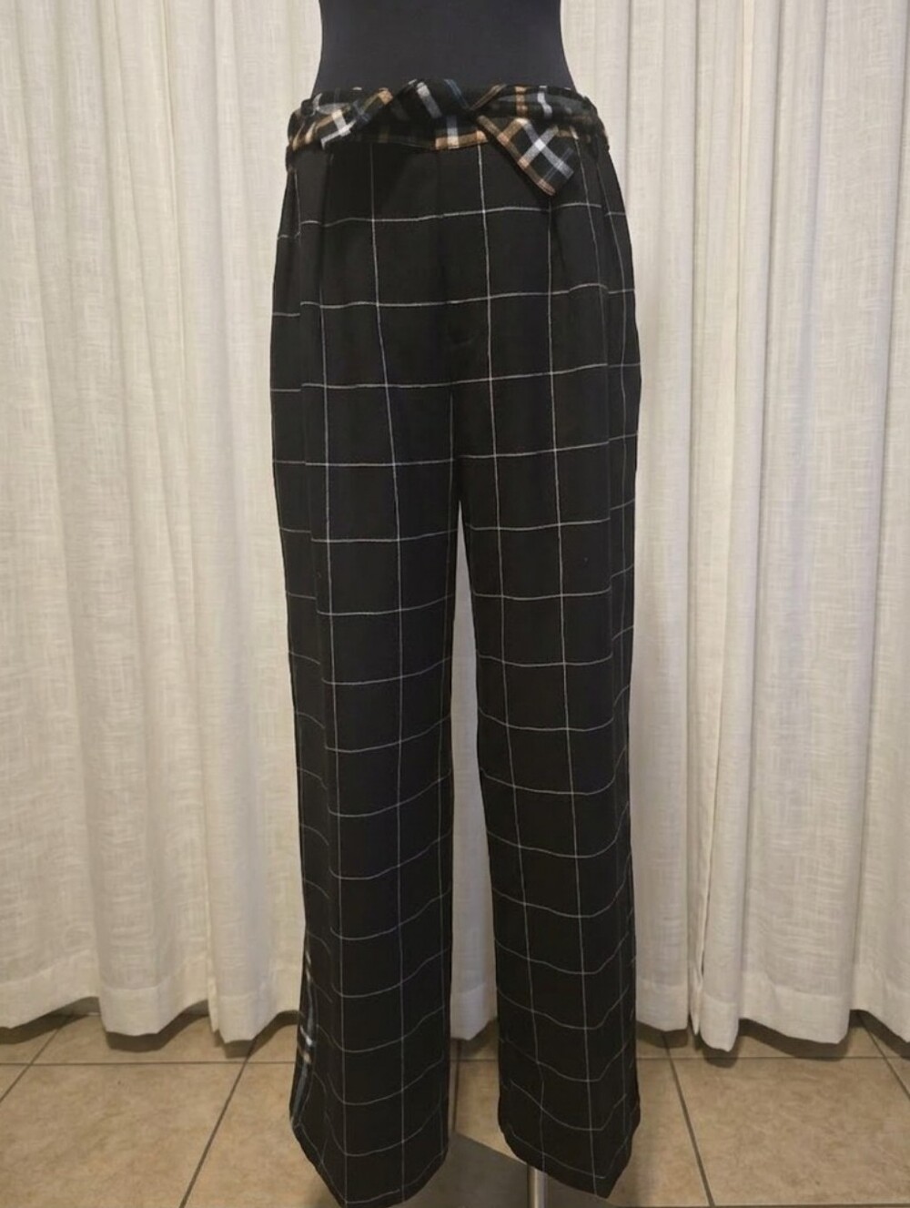 Who What Wear Black Windowpane Tie-Waist Wide-Leg Pants
